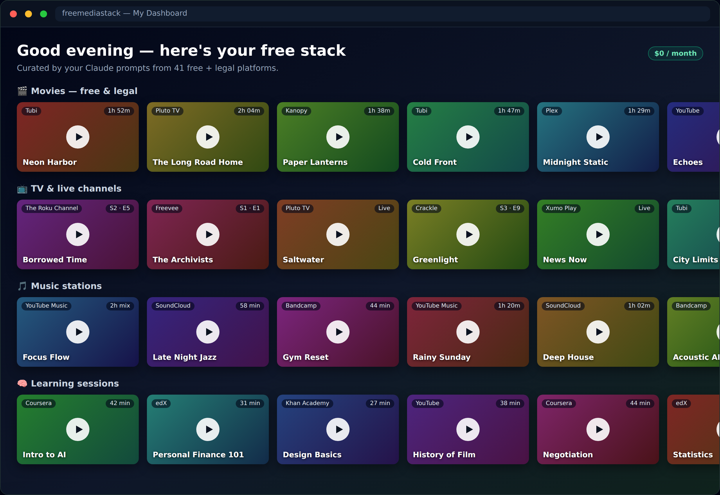 The Free Media Stack dashboard on a laptop, showing rows of free movies, TV, music and learning