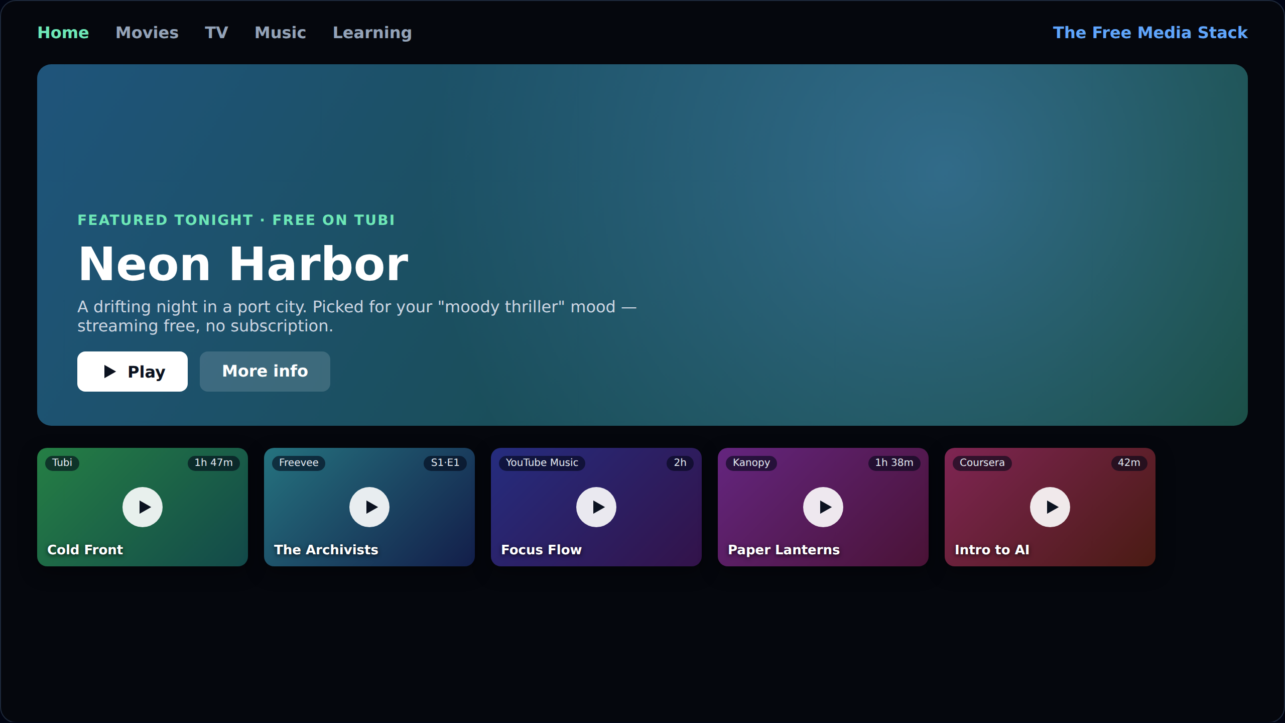 A smart-TV style home screen with a featured free title and a row of thumbnails